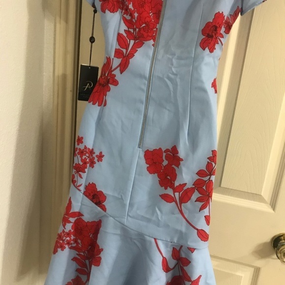 Adrianna‎ Papell pretty blue red roses asymmetrical flounce hem tulip Dress sz 2 - Picture 6 of 12